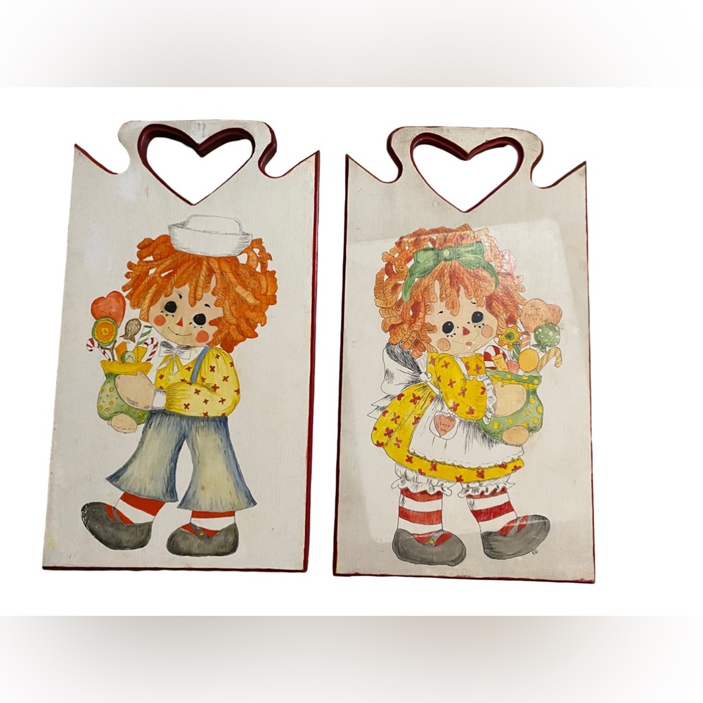 Vintage Hand-Painted Wooden Wall Plaques – Raggedy Ann‎ & Andy Style –Folk Art –